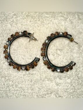 Authentic Givenchy 925 Silver Wood Bead Rhinestone Half Hoop Earrings Y2K
